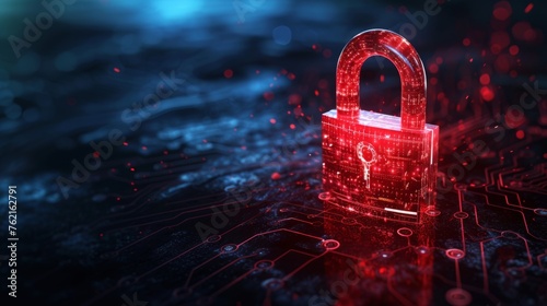 Digital red glowing padlock made of glowing atoms, for computing system on dark blue background, cyber security technology for fraud prevention and privacy data network protection concept