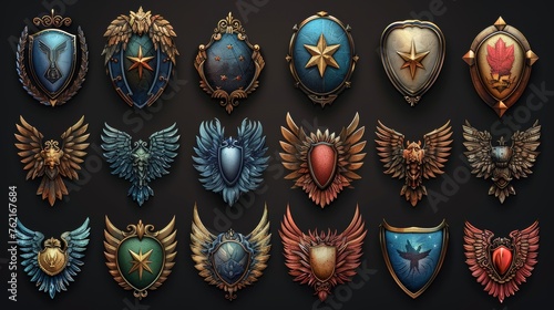 Sets of military game ranking badges with star insignia. Modern illustrations of awards with stone, iron, silver, gold textures. Bird-shaped level achievement icons.