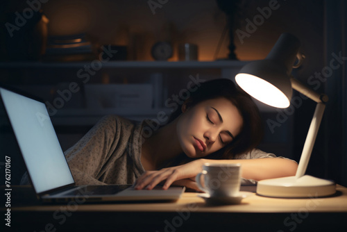 A woman who works overtime falls asleep on desk at night with a laptop, table lamp, coffee cup in bedroom at home. Working on deadline until she is tired and falls asleep or fainted.