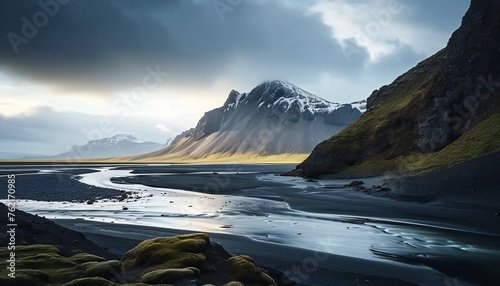 Icelandic Landscape with Mountains and Black Sand