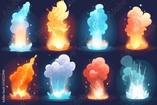 Magic explosion, bomb boom game effect, 3D cartoon modern of blue and orange flames with rising smoke, magical weapon shot with clouds, smog and haze trace. Lightning strike, elemental magician spell