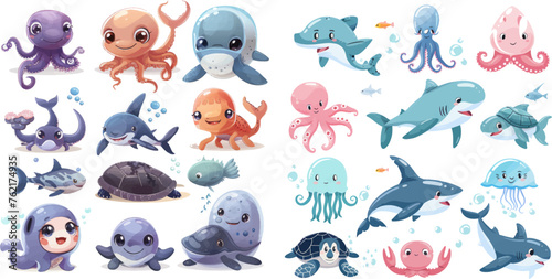 Cute ocean fish, octopus, shark and turtle, jellyfish, crab and seal