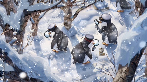 Penguin Detectives Investigation in Snowy Forest