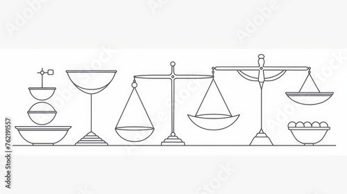 A collection of scales demonstrating the principle of balance, with bowls in both equilibrium and disequilibrium, rendered in a simple line design