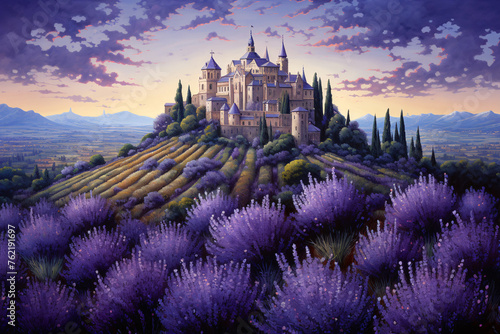 a castle on a hill with lavender fields