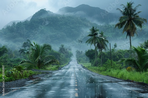 Rainy atmosphere on a lush tropical road with palm trees