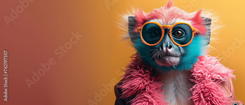 A mysterious individual dons a flamboyant pink outfit adorned with feathers, glasses, against a yellow and orange backdrop