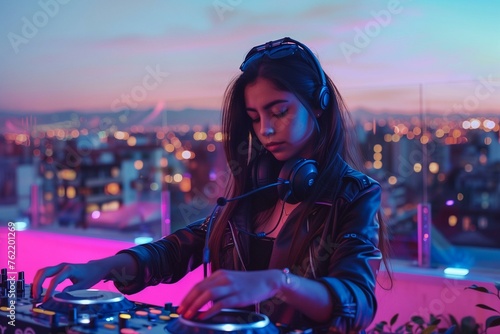 Young Hispanic Woman DJ mixing songs at night with a view to the cityscape.