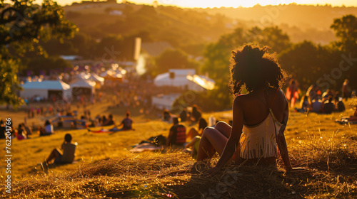 festival goer figure perched atop a hill overlooking a one of the largest summer music festival