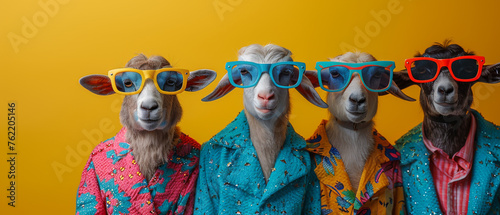 A row of funny goats wearing vibrant jackets and sunglasses with a creative pop of color