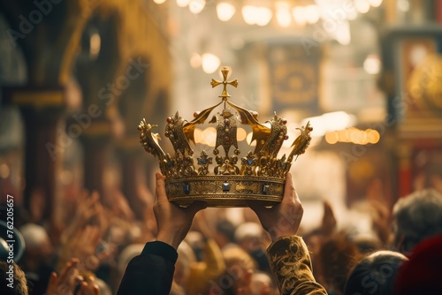 Photo from behind showing hands lifting an ornate crown above the future ruler's head, set against a blurred background of the coronation crowd