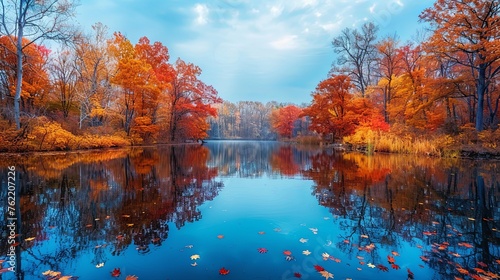 Vibrant Autumn Foliage Reflecting on Serene Lake 