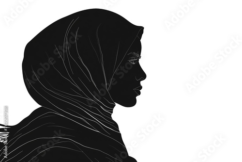 Side view Black line art silhouette of Muslim woman portrait isolated on transparent background