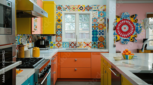 Dynamic and Contemporary Kitchen Interior with Colorful Mosaic