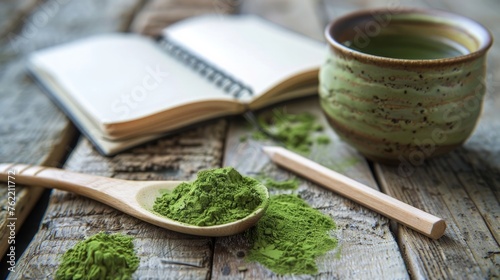Green tea powder on wooden spoon and cup with note book and pencil on wooden table
