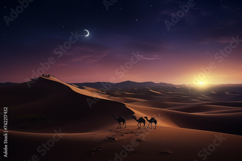 Surreal desert landscape under a starry sky, with towering sand dunes stretching into the distance. Generative AI