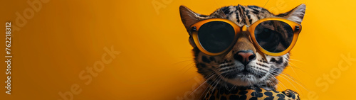 A fashion-forward cat dons trendy eyewear and leopard print, giving a look of utmost sophistication