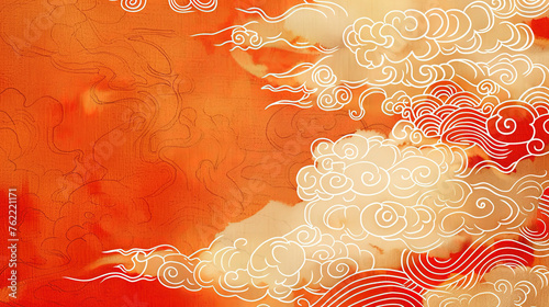 Chinese Traditional Art Digital Illustration Design with Golden Clouds Orange Red Subtle Pattern depicting Good Luck Fortune Background Template Wallpaper 16:9