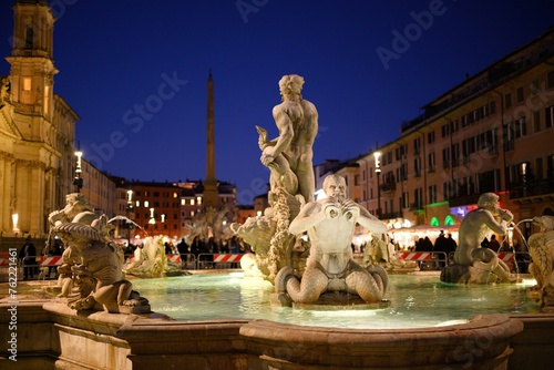 Fountain of the Moor in Piazza Navona city square at night