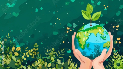 Earth day banner: hands holding earth globe, growing tree - arbor day, environment, clean planet, ecology concept 