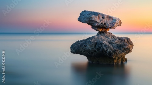 The serene balance of rock formations against the tranquil backdrop of the sea, symbolizing harmony and stability in nature