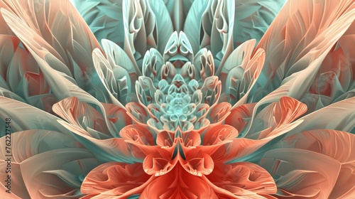 Vibrant Symmetrical Coral and Turquoise Abstract Floral Design Macro Capture.