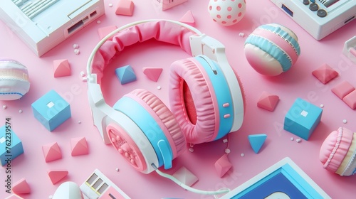 Retro musical background wiht Headphones and retro cassette tapes, pink blue yellow colorful geometric style. Nostalgia for 90s. Musical concept. Generative ai