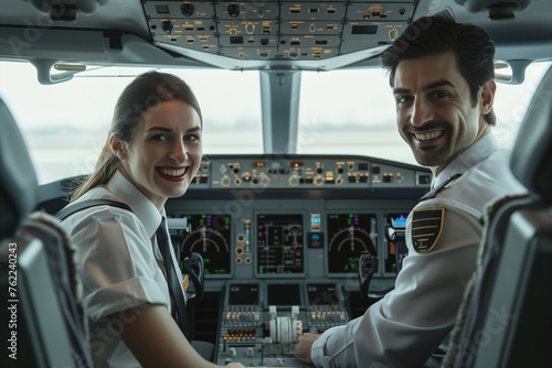 A man and a woman are sharing a smile in the cockpit of an airplane, a human gesture of trust and teamwork in the engineering marvel of a flying vehicle, promoting travel and connecting people