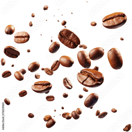 Coffee beans floating in the air, isolated on transparent background