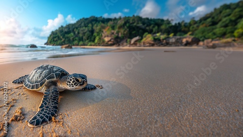 Schildkröte am Sandstrand mit Meer als Hintergrundmotiv