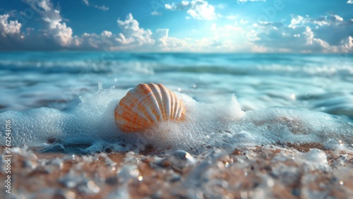 Muscheln und Steine am Strand mit Meer als Hintergrundmotiv für Wellness