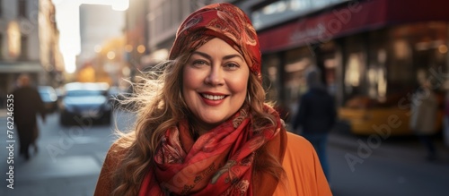 A woman with a scarf and hat is enjoying the city street, looking at buildings, smiling. She seems ready to travel or attend a fun event