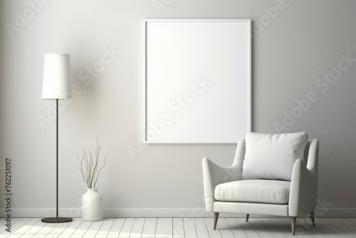 Minimalist white frame hanging in living room with armchair, table, lamp.