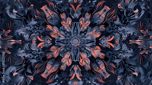 Symmetrical Floral Abstract Design in Navy & Coral - Macro View