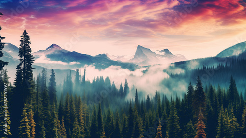 Mountainous Forest Landscape Bathed in Evening Light, Cast in Shades of Lilac with Low-Hanging Clouds, Perfect for Surreal Artwork and Dreamy Landscapes, Invoking a Sense of Tranquility and Enchantmen