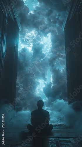 In a dimly lit room, a figure sits at a crossroads, surrounded by swirling clouds of uncertainty The camera peers from above, capturing the moment of choice in a 3d render with dramatic spotlighting