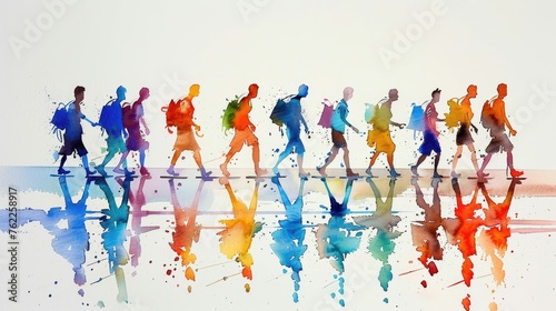 Colorful silhouettes of people with reflections in watercolor.