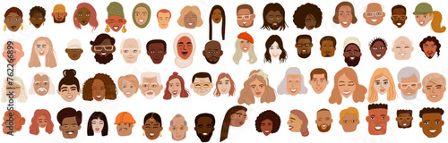 Characters smiling people different age and ethnicity. Young and old, woman, man, diversity. Vector flat illustration, hand drawn sketch, doodle 