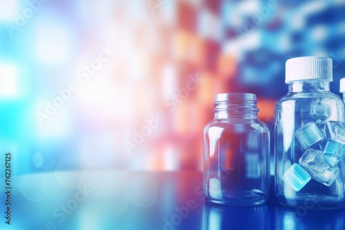 Close up bright multi-colored pills in a jar against the background of a blurred pharmacy with copy space