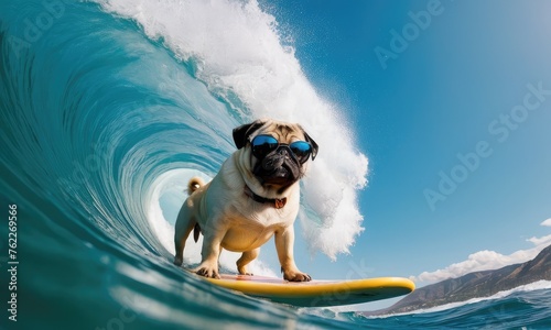 Surfing on big waves cool pug puppy.Promoting beach resorts or hotels, summer vacation holidays and travel concept.Concept for t- shirt design, backpacks and bags print,notebook covers design.