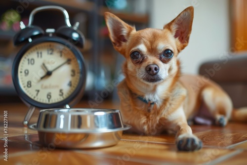 Chihuahua waiting bored for mealtime next to his bowl and an alarm clock. Front view. Horizontal panoramic composition.
