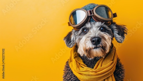 Quirky dog dressed as pilot against yellow background