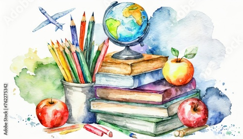 Watercolor Illustration of Education and Travel Concept