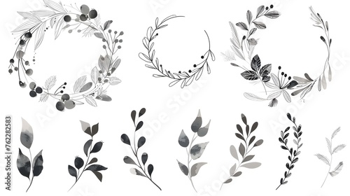 Big set with wreath, design elements, frames, calligraphic. Vector floral illustration with branches, berries, feathers and leaves. Nature frame on white background