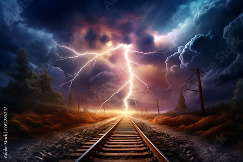 a lightning striking a train track