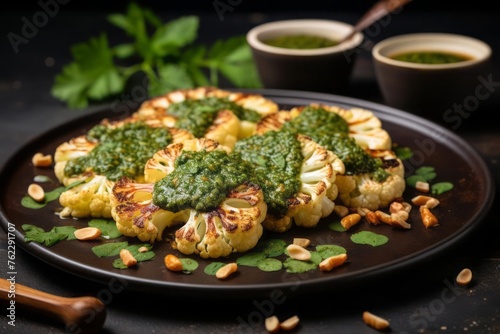 Golden brown and tender cauliflower steaks topped with zesty, green chimichurri sauce.