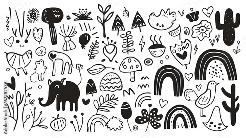 Cute doodle outlined design elements set. Funny creative line art animals, food, flower, rainbow, abstract shapes in kids scribble style. Trendy naive drawings. Childish hand-drawn vector illustration