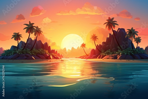 a sunset over a tropical beach