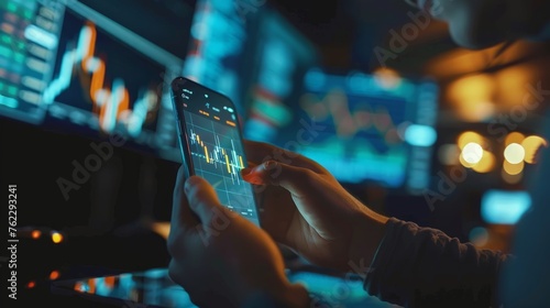 Businessman trading stocks using on-line app on phone.