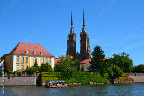 The Cathedral Island (polish: Ostrow Tumski), the oldest part of the city of Wrocław, Poland. The Cathedral of St. John the Baptist. View from the boat trip on the Oder river
